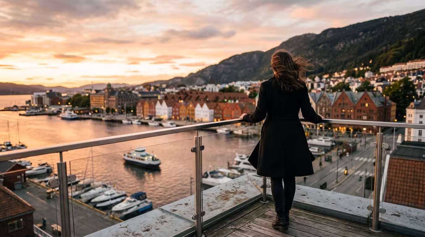 Selvsikker kvinne på takterrasse med utsikt over Bergen havn ved solnedgang