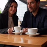 El sugar dating en Chile: una mirada desde el café Professional Chilean couple having coffee together in modern Santiago cafe, sophisticated urban sett