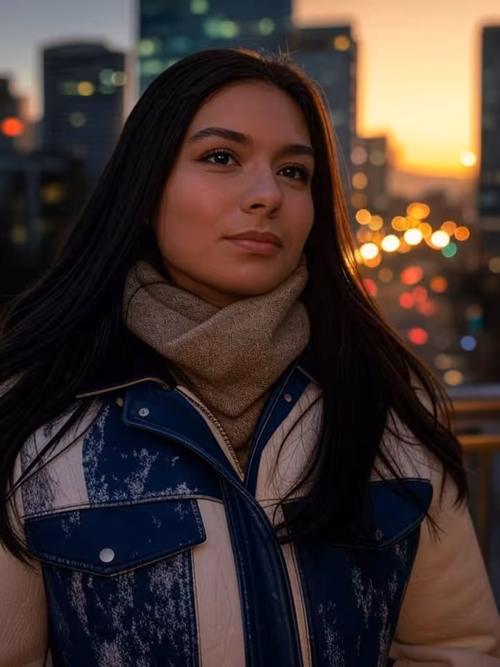 Young stylish Chilean woman in her twenties looking confident and adventurous, modern urban Santiago