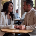 Los mejores restaurantes de Santiago para una cita sugar Modern elegant couple having coffee conversation in upscale Santiago Chile cafe, sophisticated urban