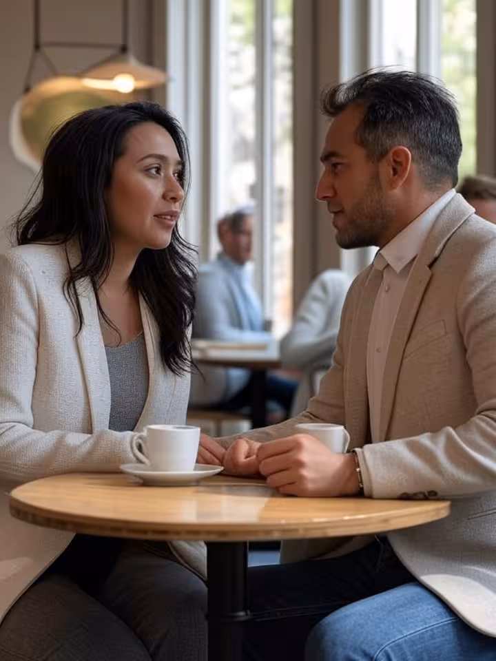 Modern elegant couple having coffee conversation in upscale Santiago Chile cafe, sophisticated urban