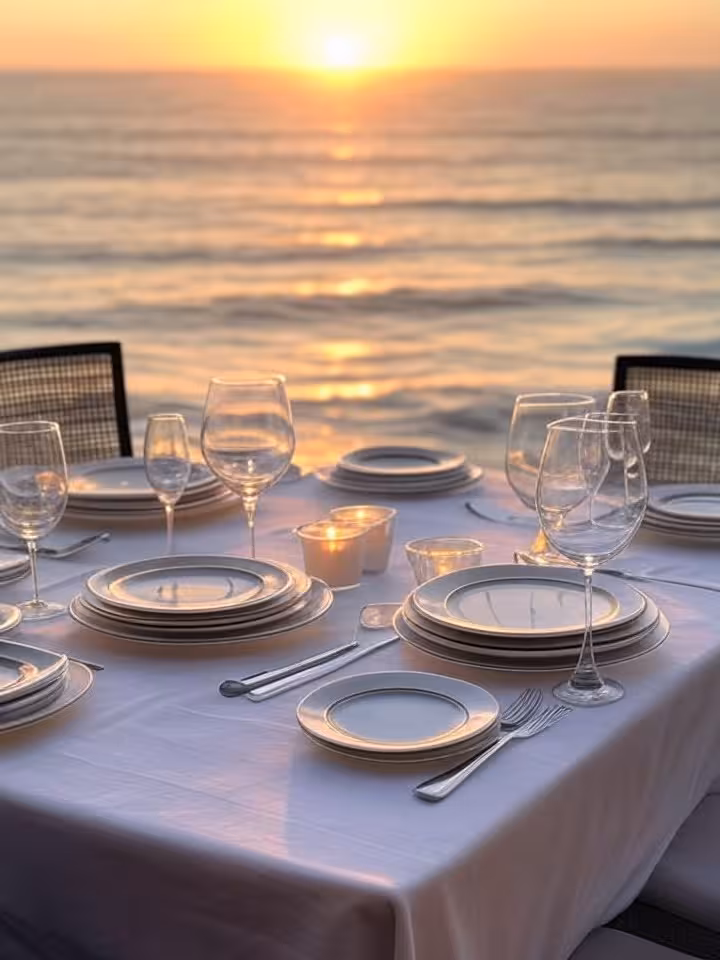 Romantic coastal sunset dinner setting Viña del Mar Chile, ocean view terrace, elegant table arrange