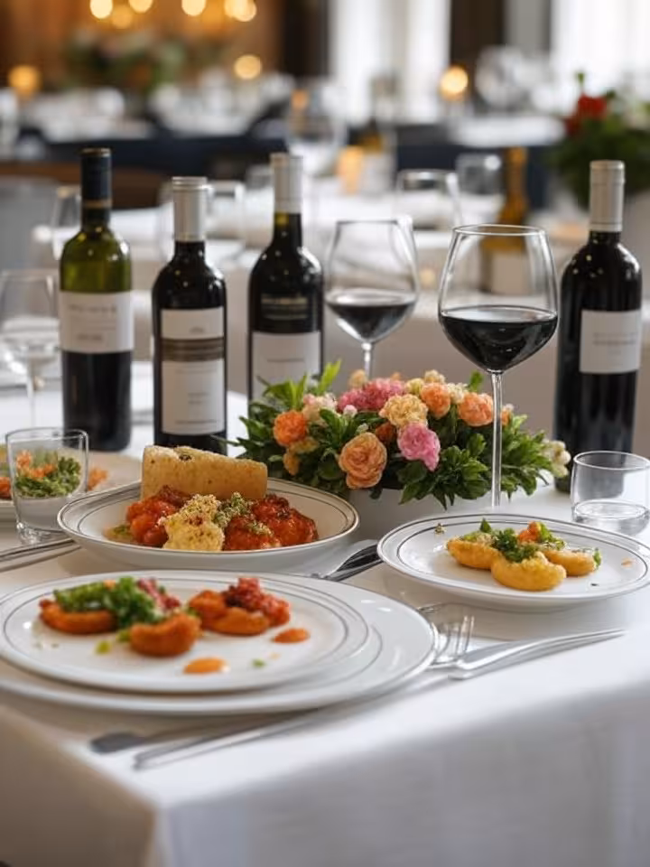 Premium wine and gourmet food presentation at high-end Chilean restaurant, elegant table setting, so