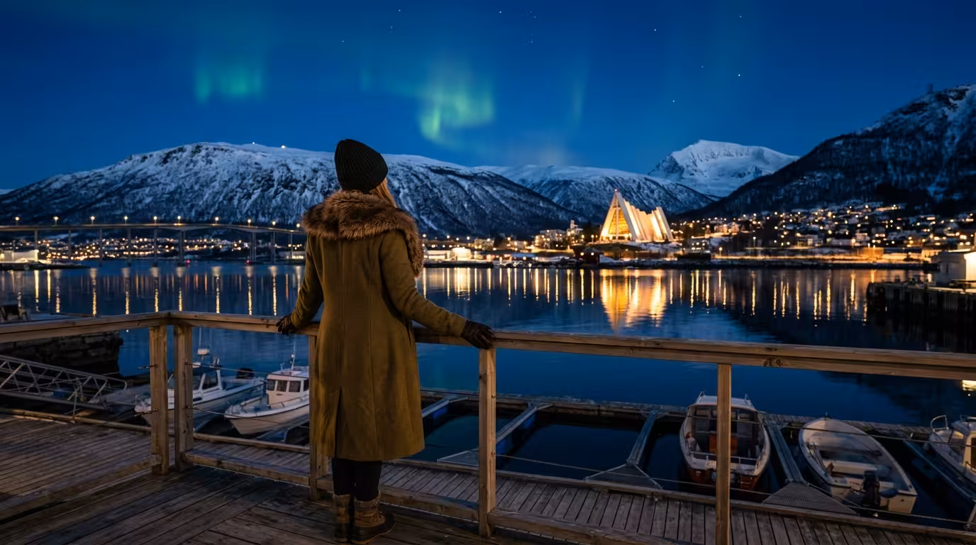 Stilfull kvinne sett bakfra ved Tromsø havn med utsikt mot Ishavskatedralen og snøkledte fjell i arktisk blåtime med nordlys