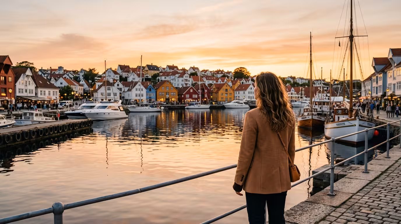 Stilfull kvinne sett bakfra ved Stavanger havn med utsikt over fargerike trehus i Gamle Stavanger og lystbåter i varmt solnedgangslys
