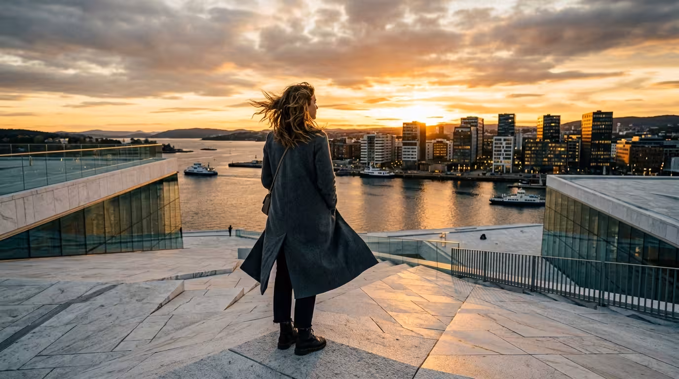 Stilfull kvinne sett bakfra på Oslo Operahuset med utsikt over Oslofjorden og Barcode-skylinjen i varmt solnedgangslys