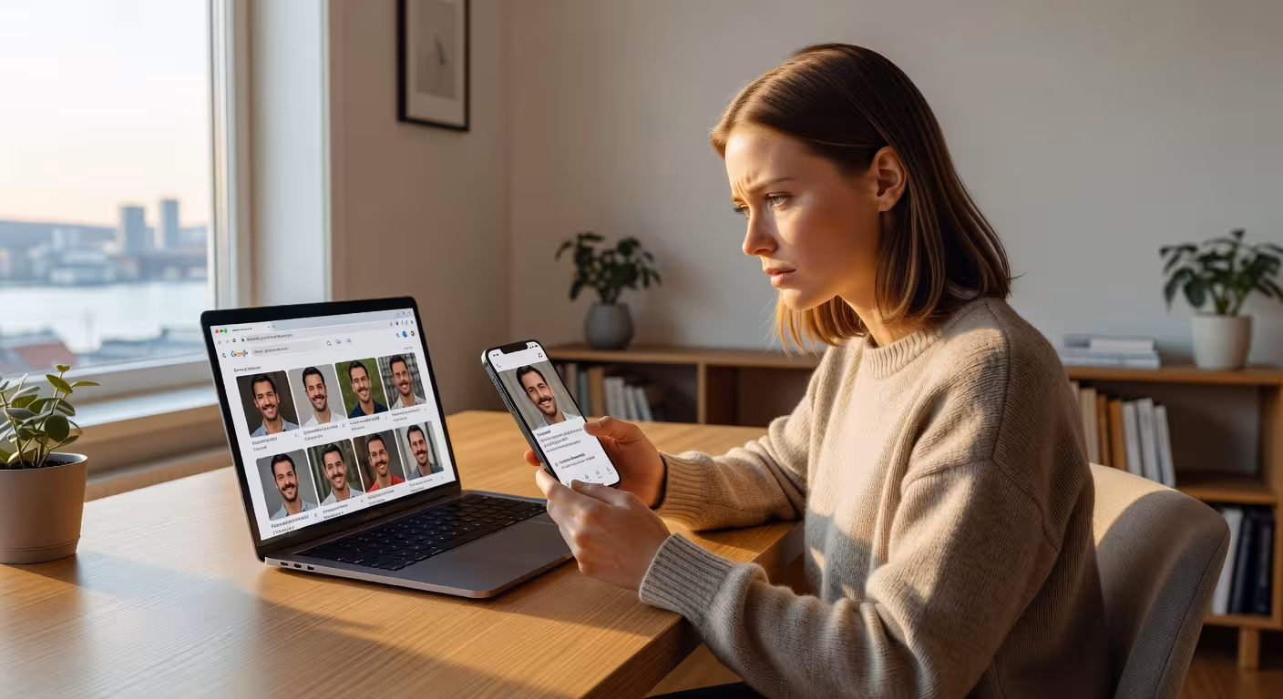 Kvinne som undersøker mistenkelig dating-profil på telefonen