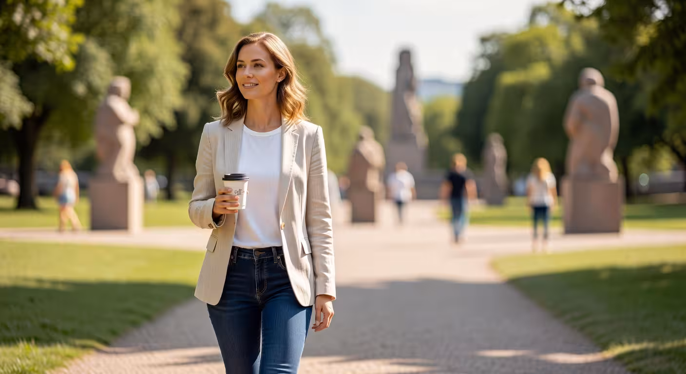 Kvinne på spasertur i Vigelandsparken i Oslo