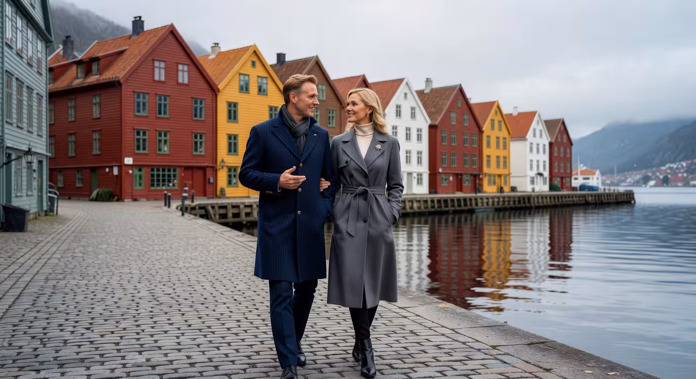 Par som går langs Bryggen i Bergen under diskré sugar dating-møte