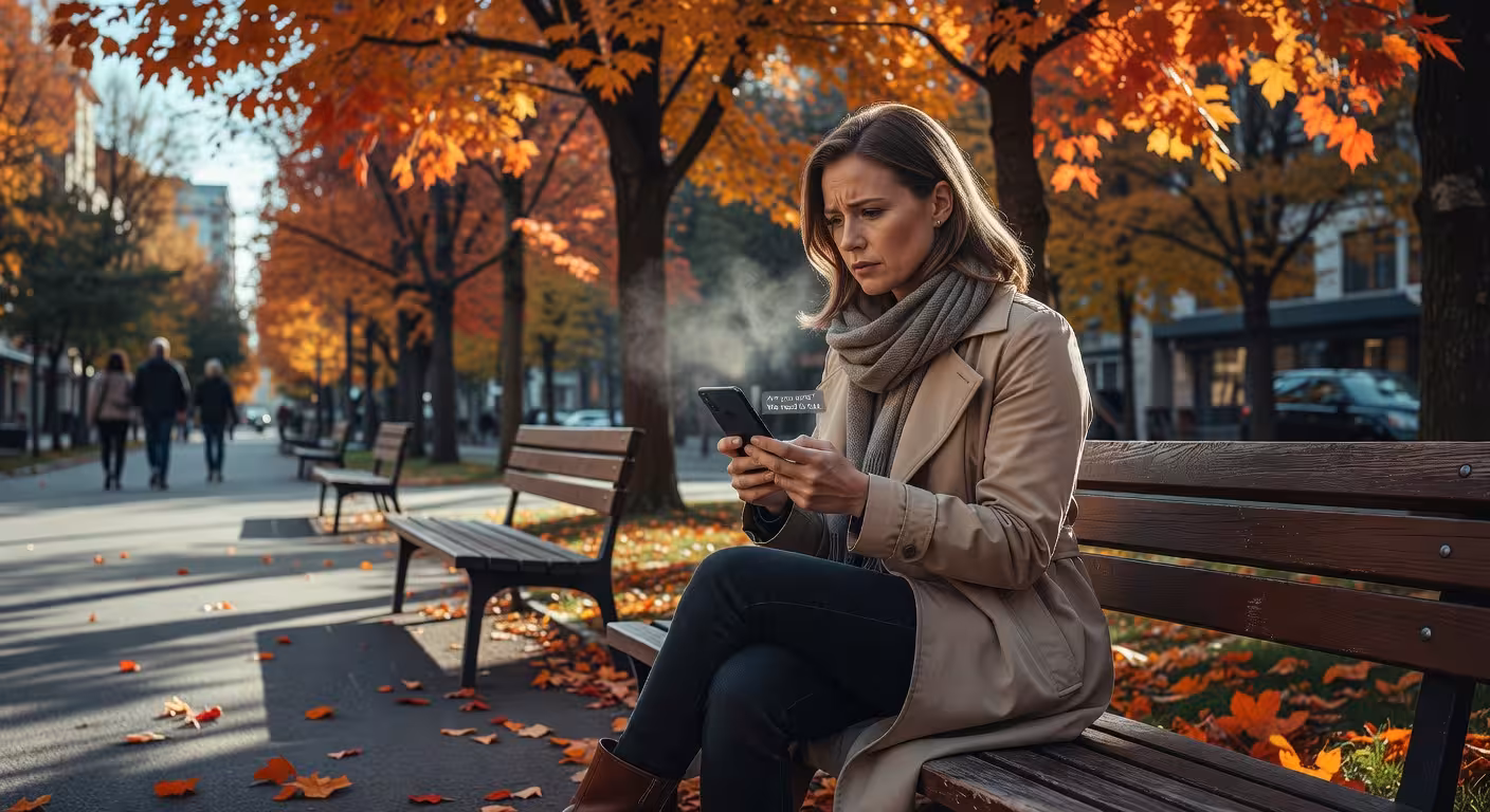 Kvinne som vurderer mistenkelige meldinger i park