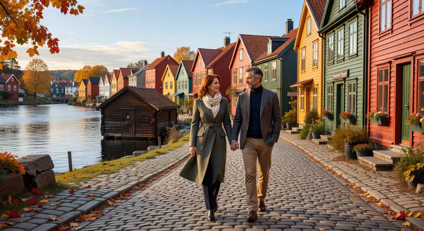 Par som spaserer gjennom Bakklandet i Trondheim