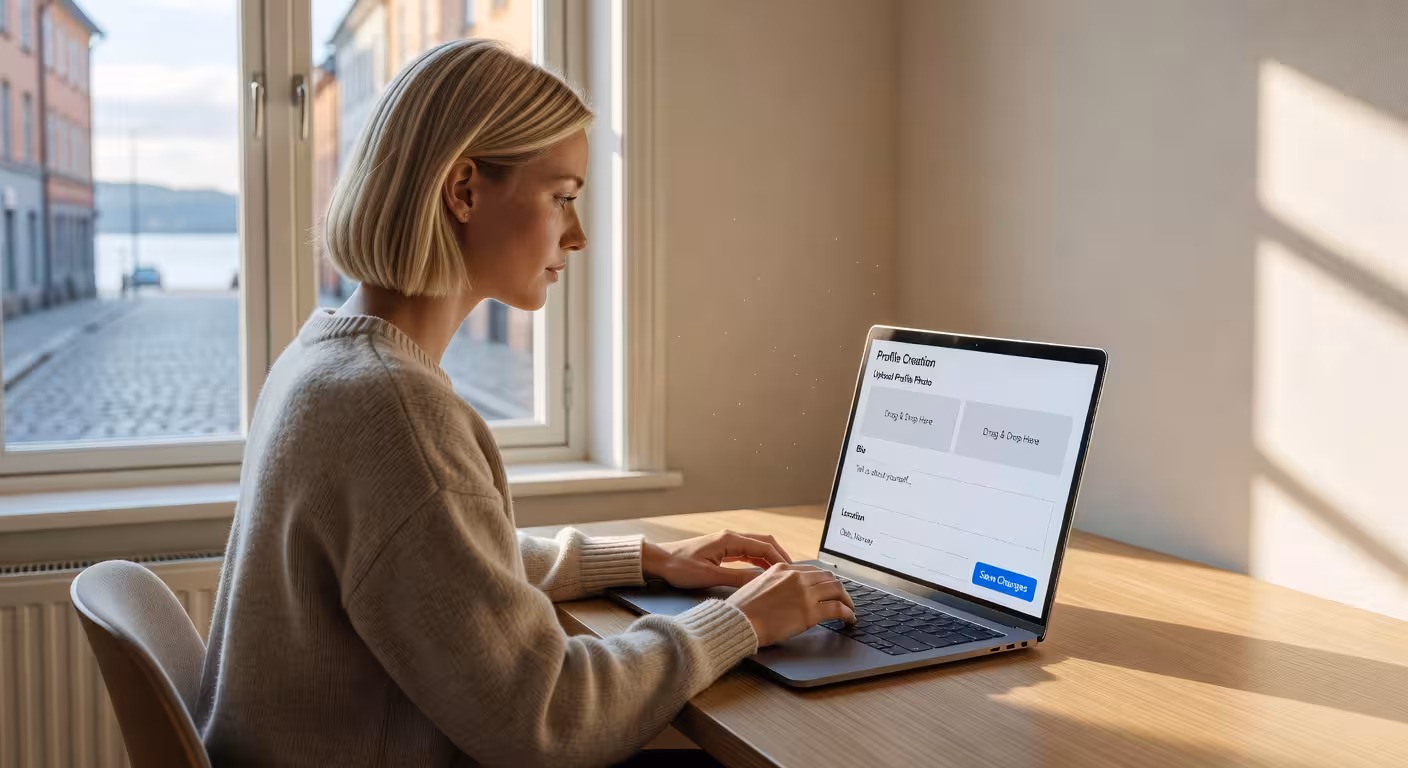 Ung kvinne som oppretter profil på datingplattform i leilighet i Oslo