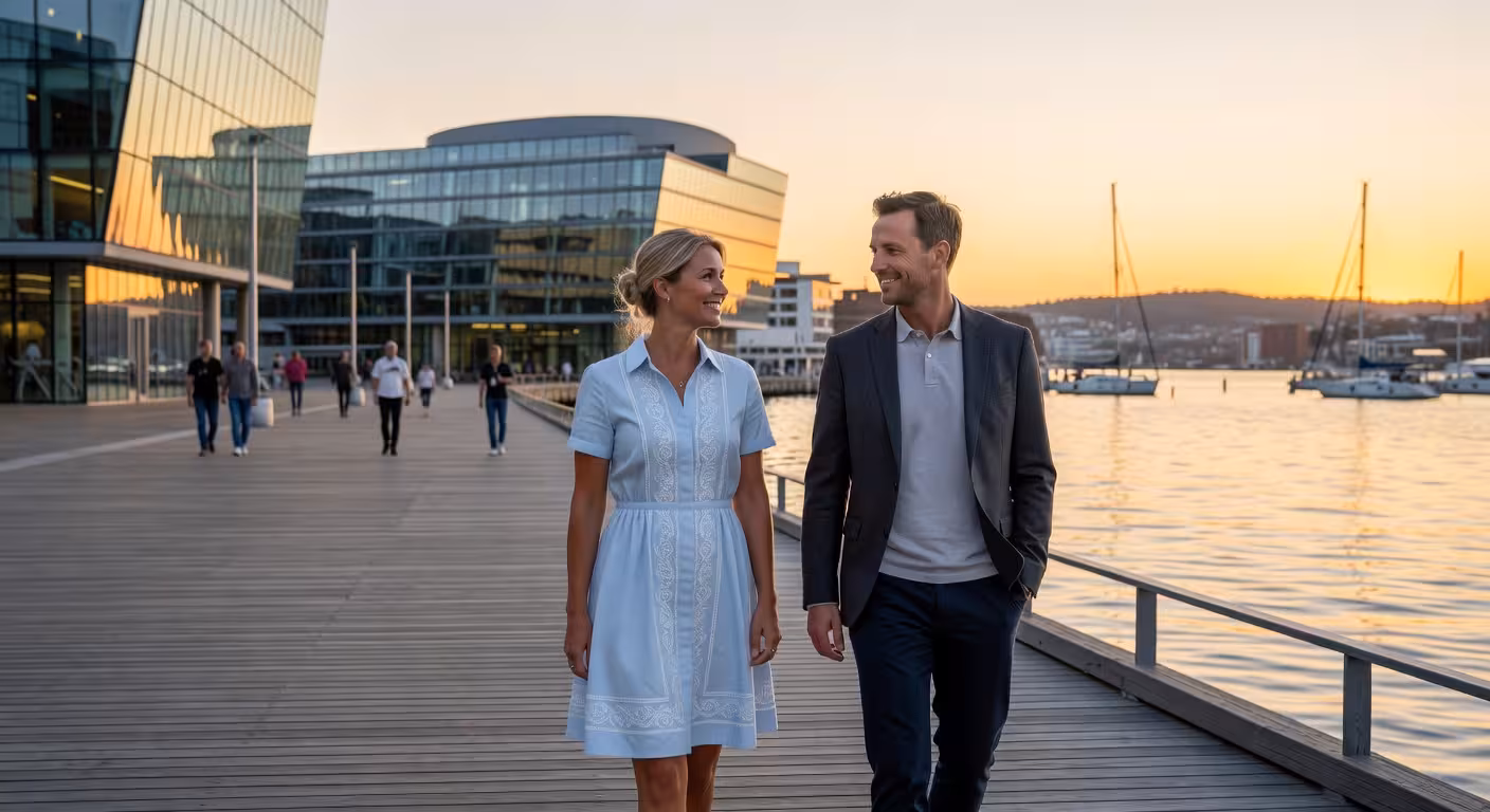 Elegant par som går langs Aker Brygge i Oslo ved solnedgang