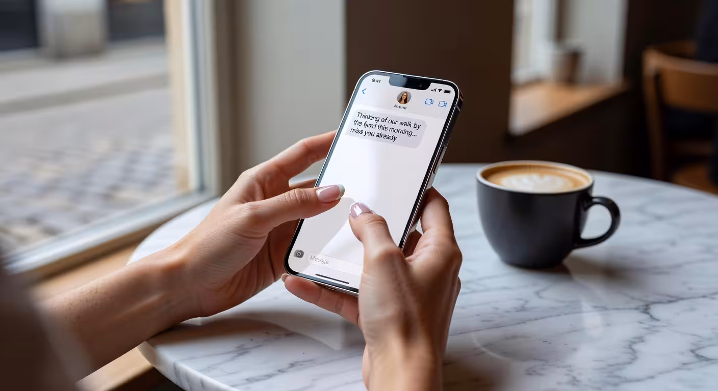 Hender som skriver gjennomtenkt melding på telefon i kafé